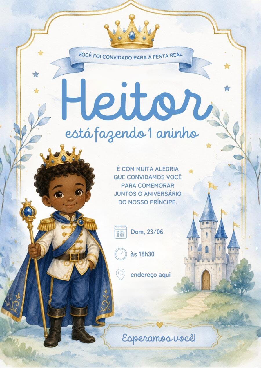 Convite Aniversário Príncipe Negro 1 Aninho Realeza Editável