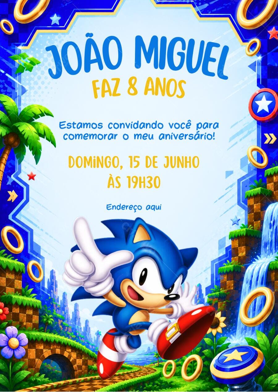Convite Aniversário Sonic 8 Anos Editável Digital