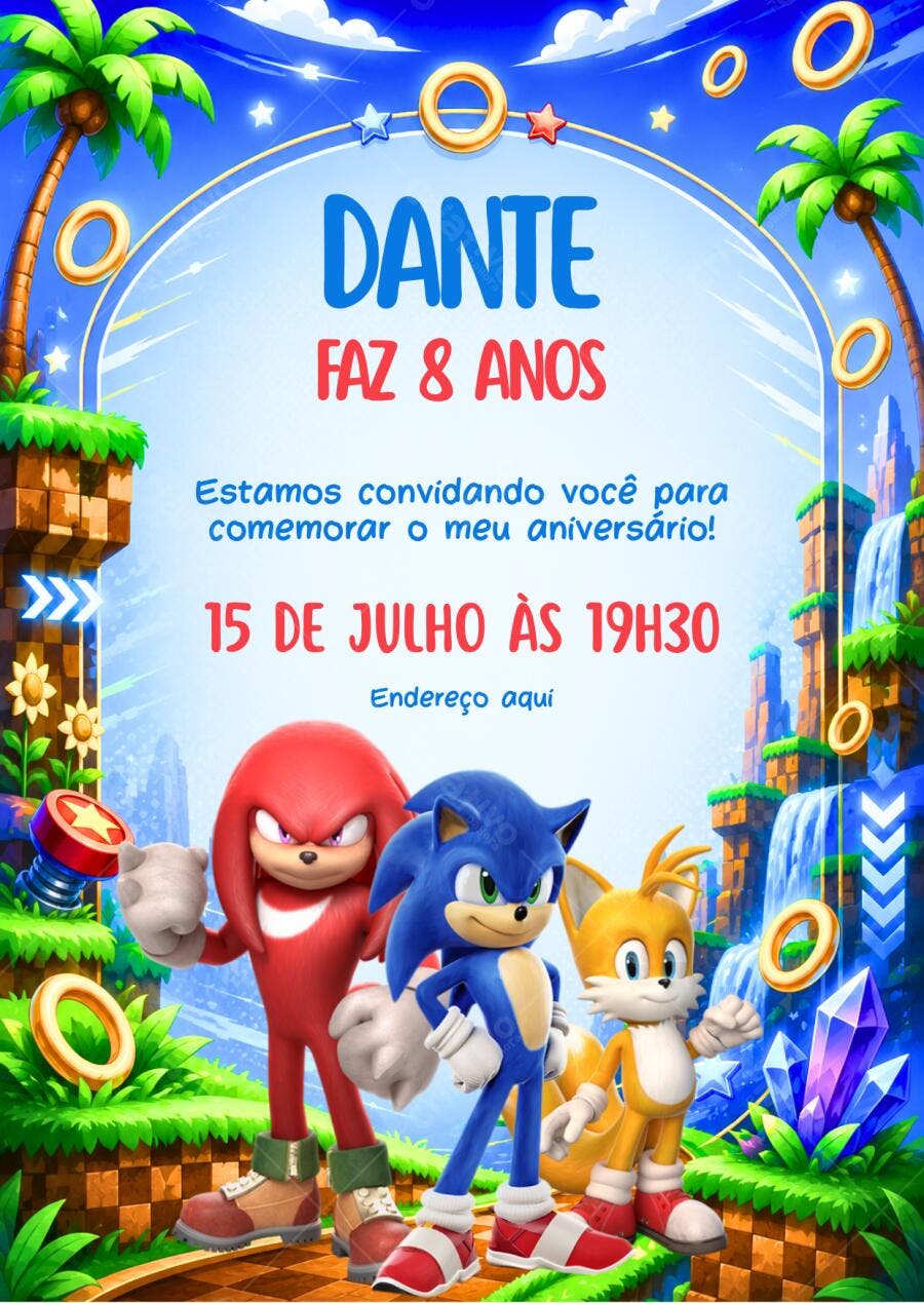 Convite Aniversário Sonic 8 Anos Editável Digital