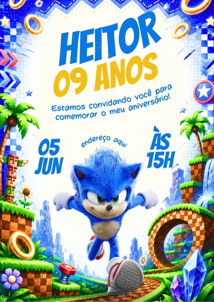 Convite Aniversário Sonic 9 Anos Azul Editável