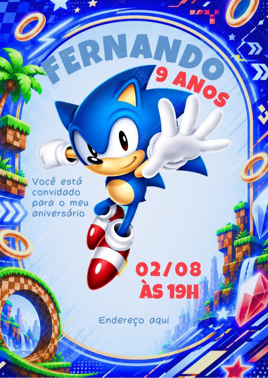 Convite Aniversário Sonic 9 Anos Editável Digital