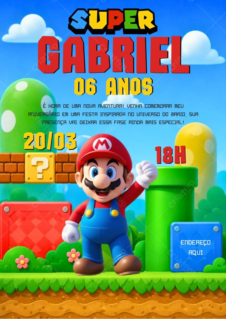 Convite Aniversário Super Mario Bros 6 Anos Editável