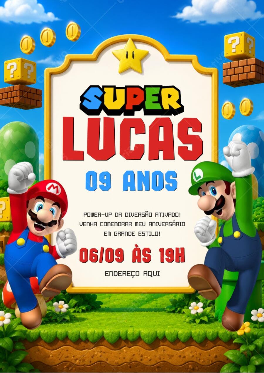 Convite Aniversário Super Mario Bros 9 Anos Editável