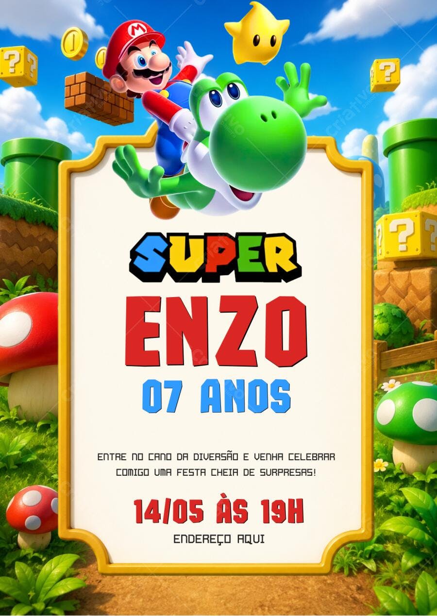 Convite Aniversário Super Mario Bros Yoshi 7 Anos Editável