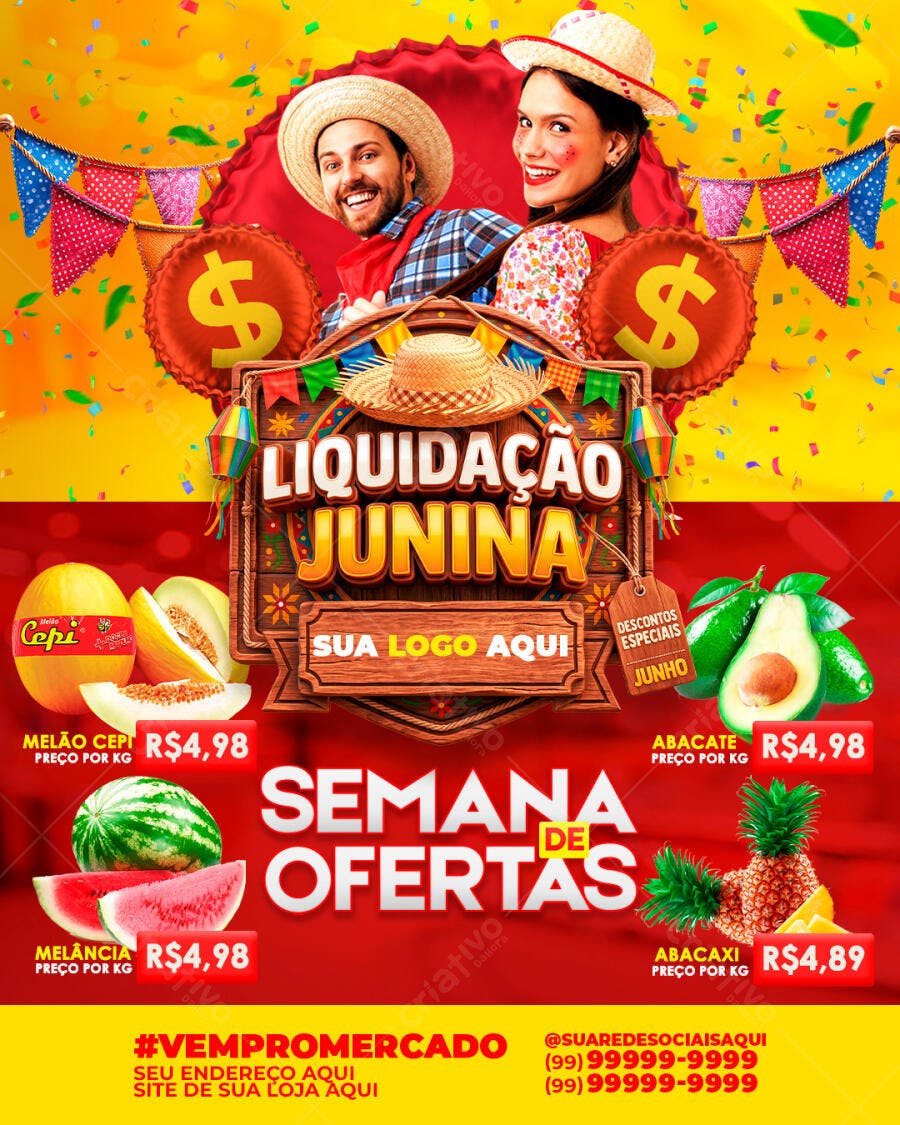 Flyer Festa Junina Liquidação Supermercado PSD Editável
