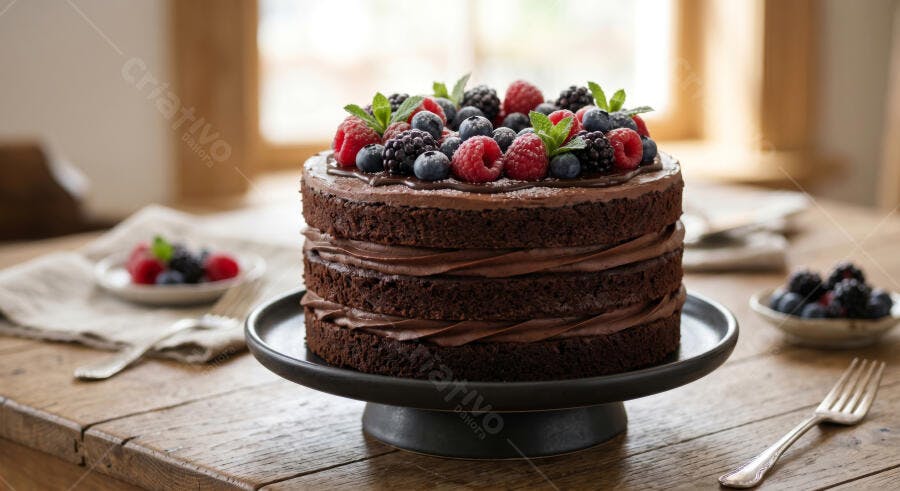 Foto Bolo Chocolate Naked Cake Frutas Vermelhas Mesa Madeira