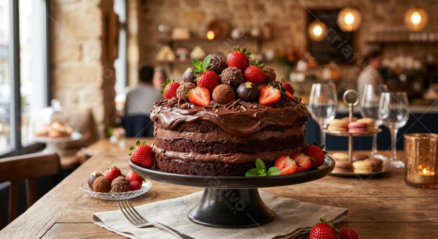 Foto Bolo de Chocolate Morangos Trufas Confeitaria Café