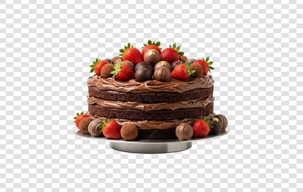 Foto Recortada Bolo de Chocolate com Morangos e Trufas PNG Fundo Transparente