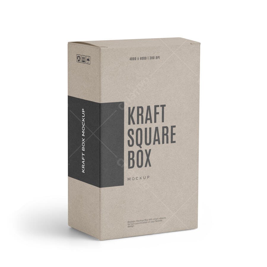 Mockup Caixa Quadrada Kraft 3/4 Fundo Branco Editável