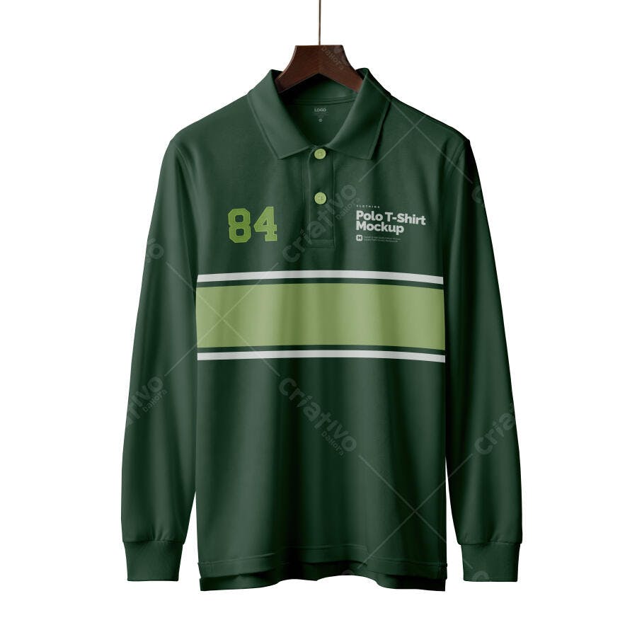 Mockup Camisa Polo Manga Longa Verde Fundo Branco Editável