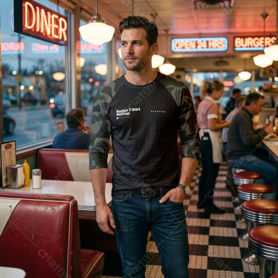 Mockup Camiseta Raglan Masculina Lifestyle Diner Editável
