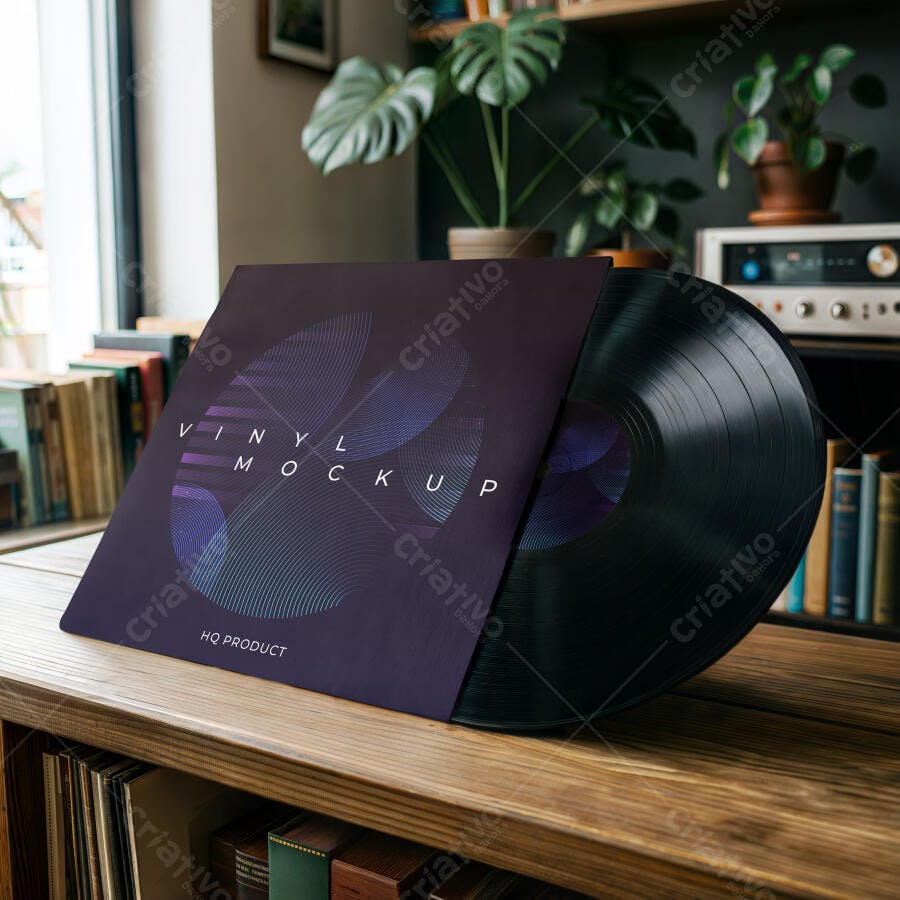 Mockup Disco Vinil Capa Aberta Mesa Madeira Editável