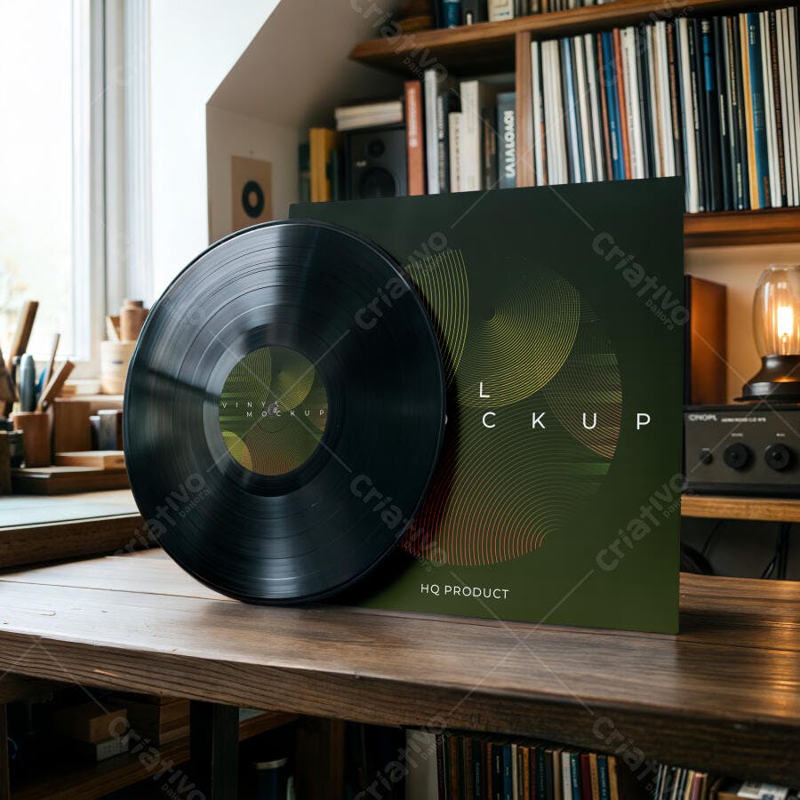 Mockup Disco Vinil Capa Retrô Mesa Madeira Editável