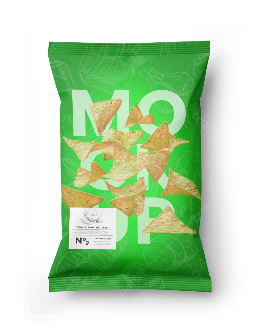 Mockup Embalagem de Salgadinho Plástico Verde Frontal Editável