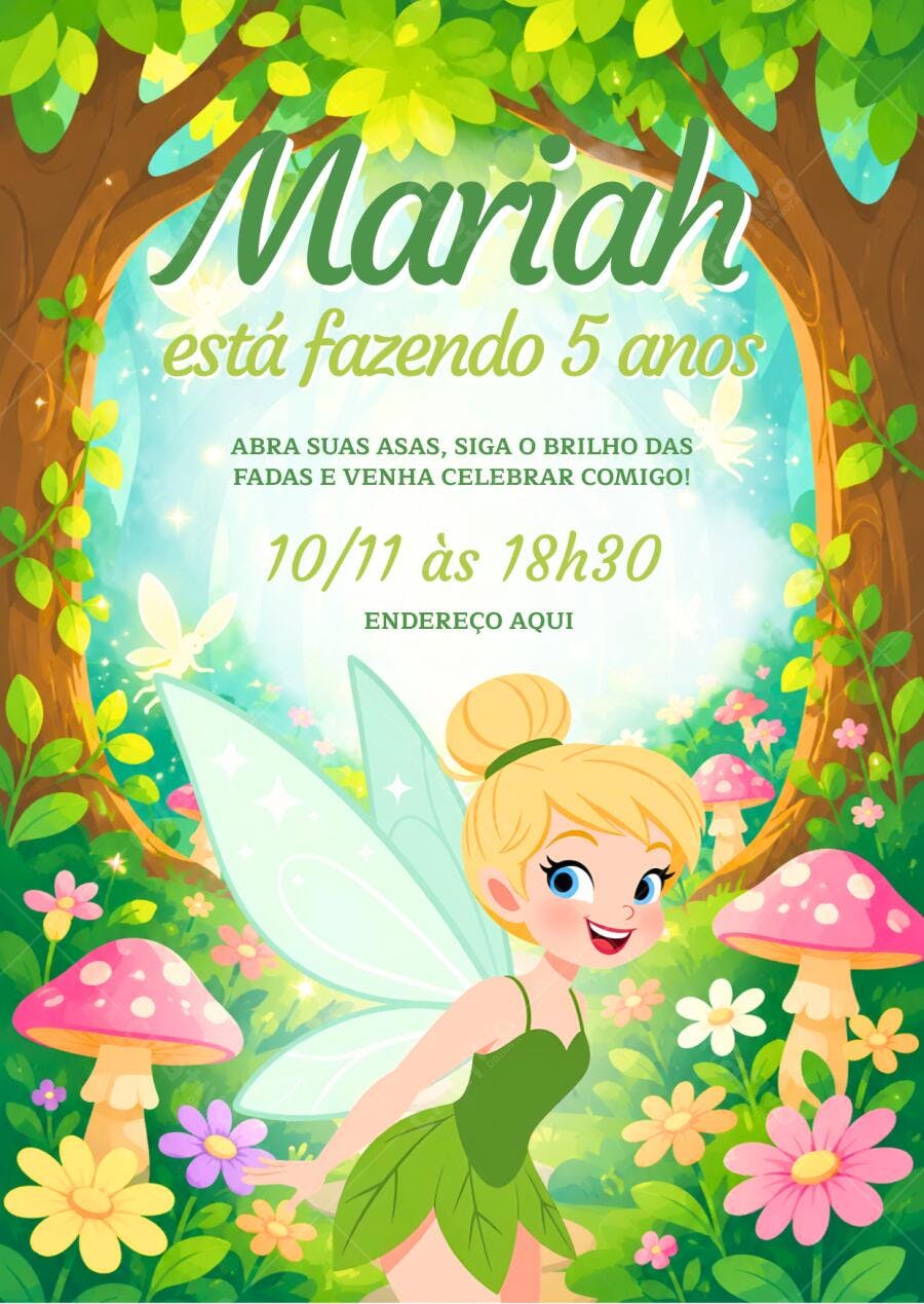 Convite Aniversário Fada Sininho 5 Anos Editável