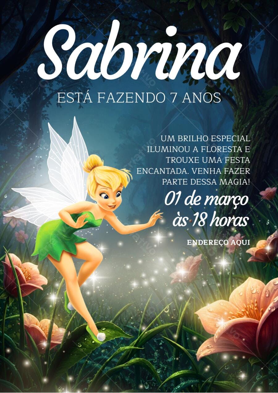 Convite Aniversário Sininho Fada Tinker Bell 7 Anos Editável