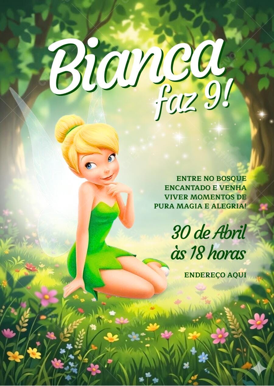 Convite Aniversário Sininho Fada Tinker Bell 9 Anos Editável