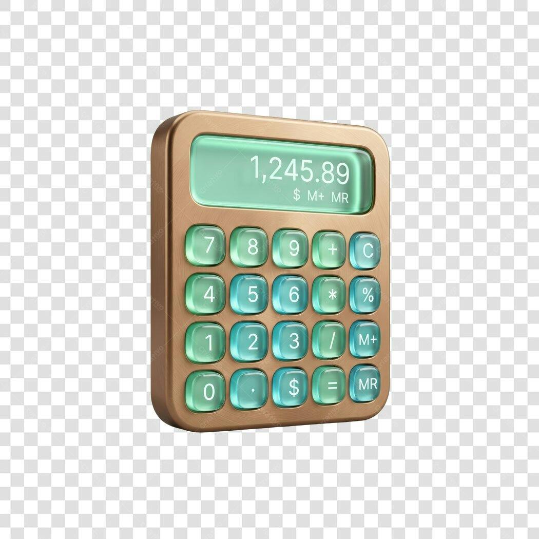 Elemento 3D Calculadora Dourada e Verde Água PNG Fundo Transparente