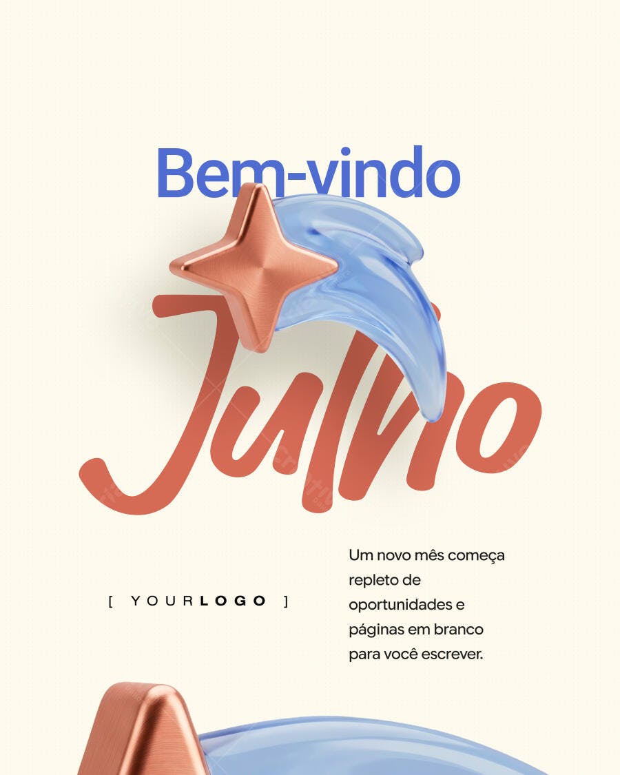 Post Instagram Bem-vindo Julho Estrela 3D PSD Editável