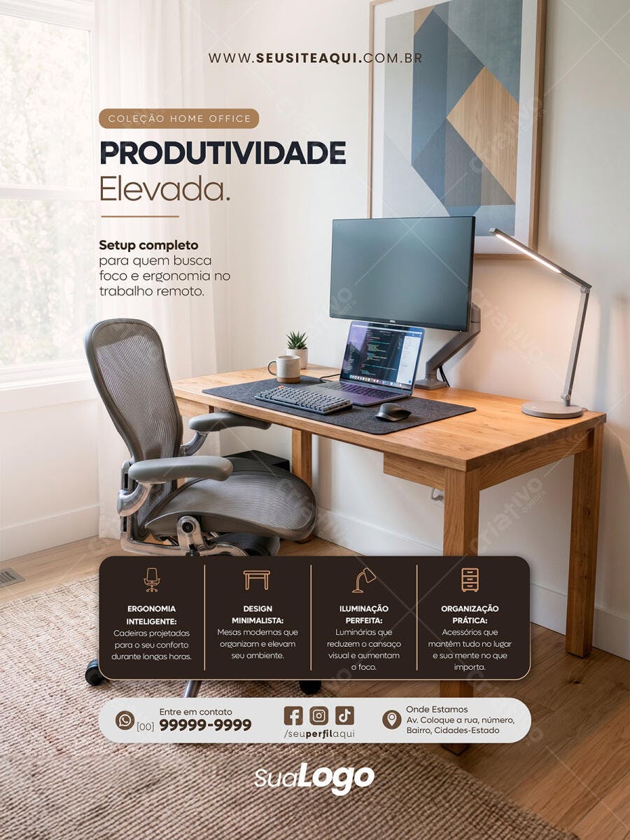 Post Instagram Home Office Produtividade PSD Editável