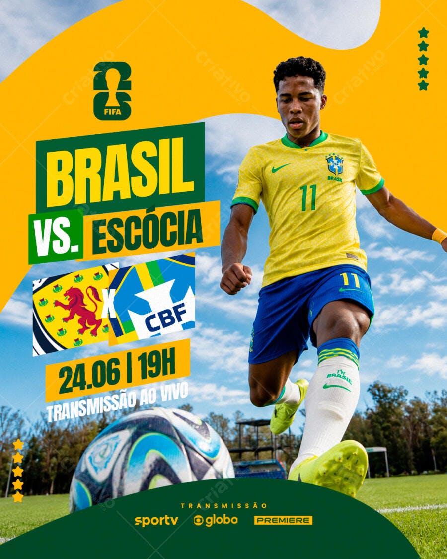 Post Instagram Jogo Brasil Escócia Futebol PSD Editável