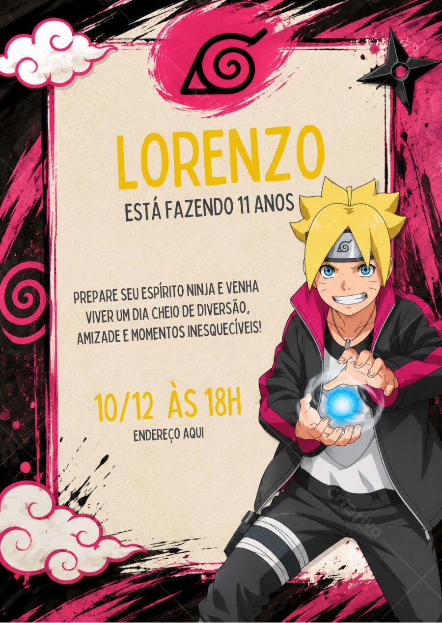 Convite Aniversário Boruto Naruto 11 Anos Editável