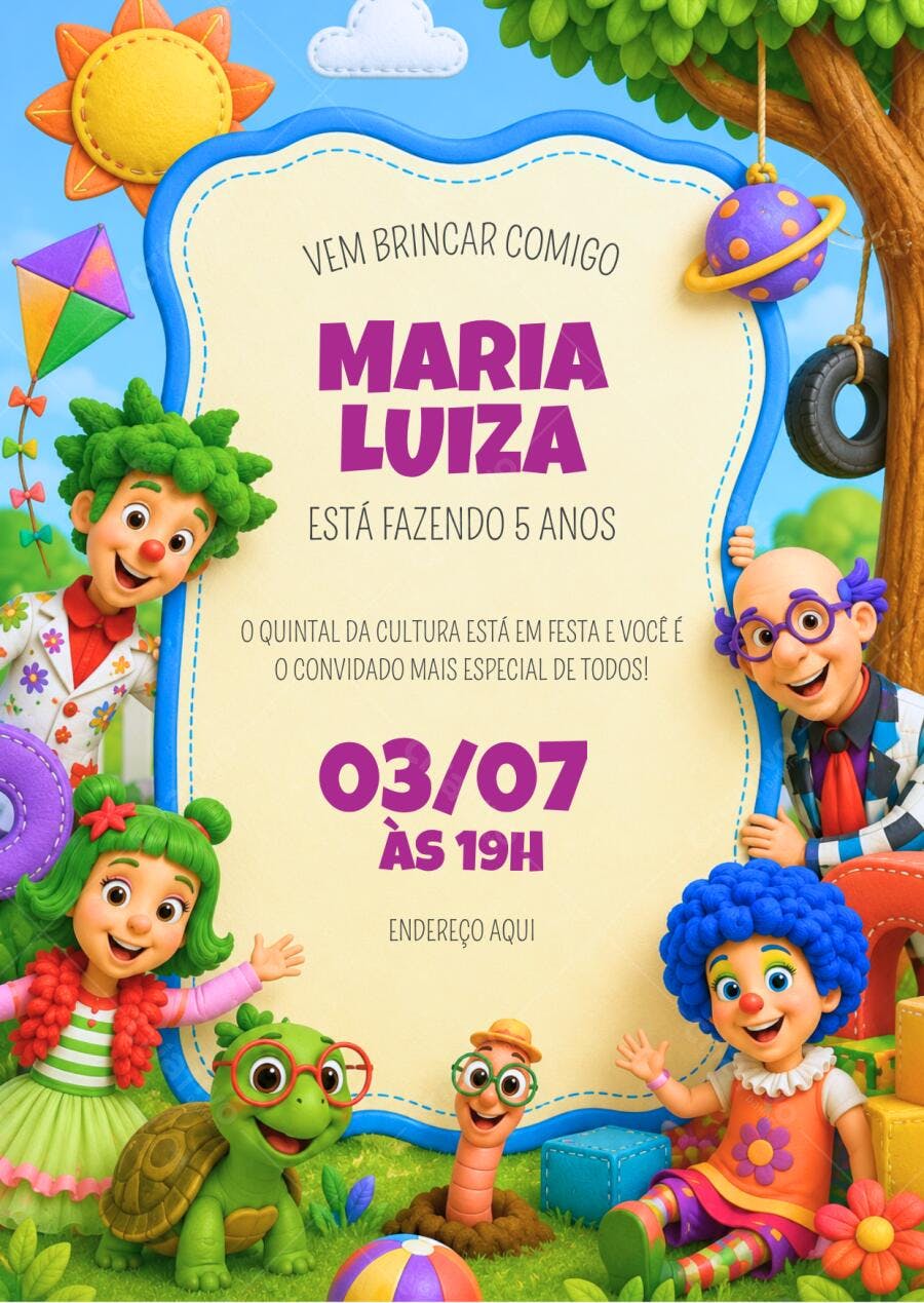Convite Aniversário Infantil Quintal da Cultura 5 Anos Editável
