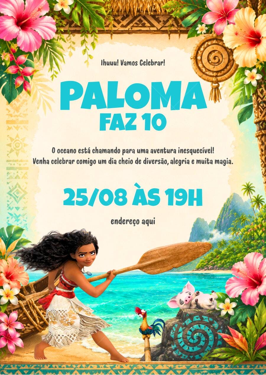 Convite Aniversário Moana 10 Anos Editável Digital