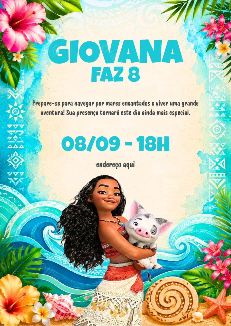 Convite Aniversário Moana 8 Anos Editável Digital