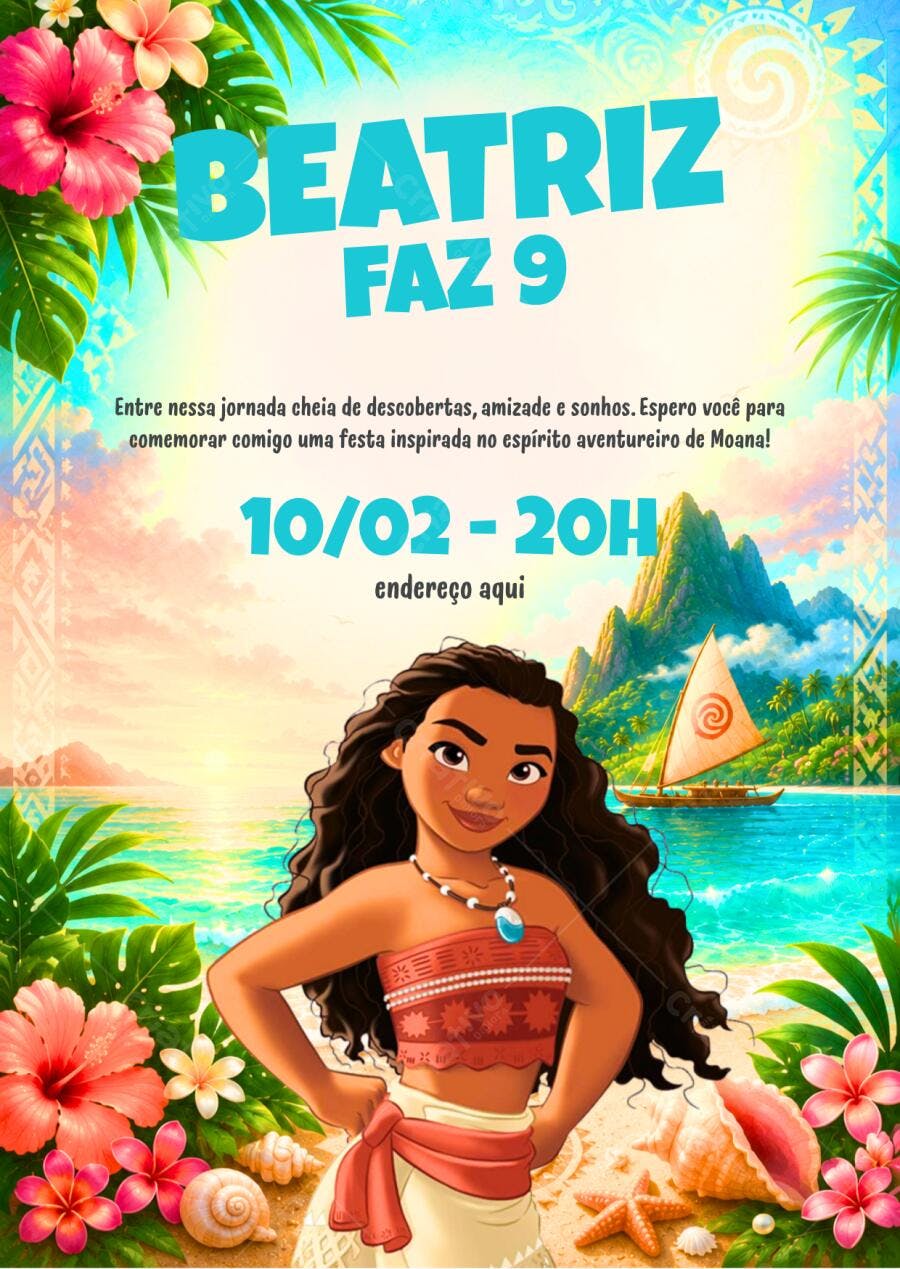 Convite Aniversário Moana 9 Anos Editável Digital