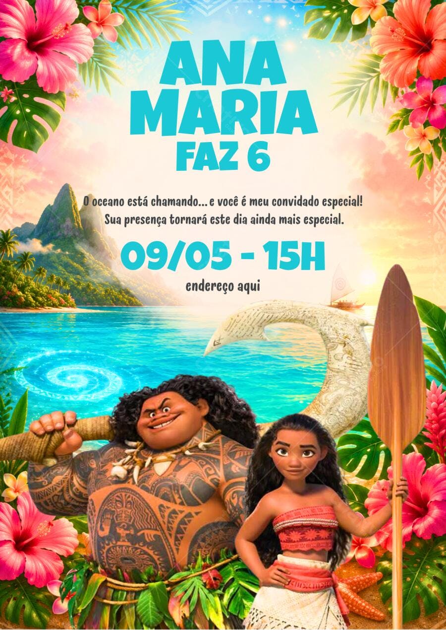Convite Aniversário Moana Maui 6 Anos Editável