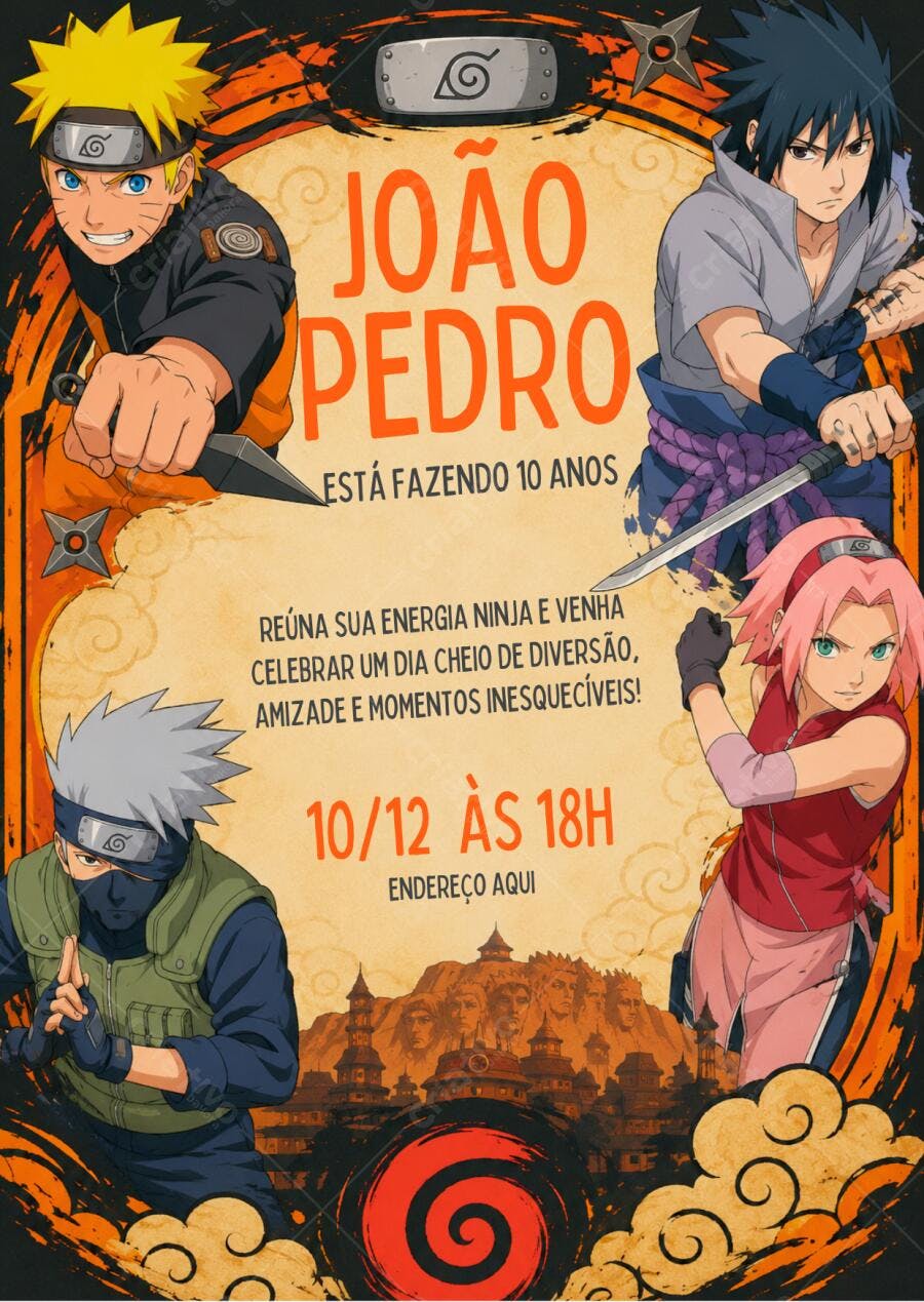 Convite Aniversário Naruto 10 Anos Editável Digital