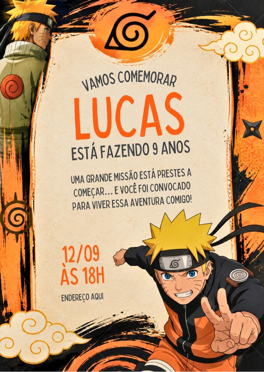 Convite Aniversário Naruto 9 Anos Editável