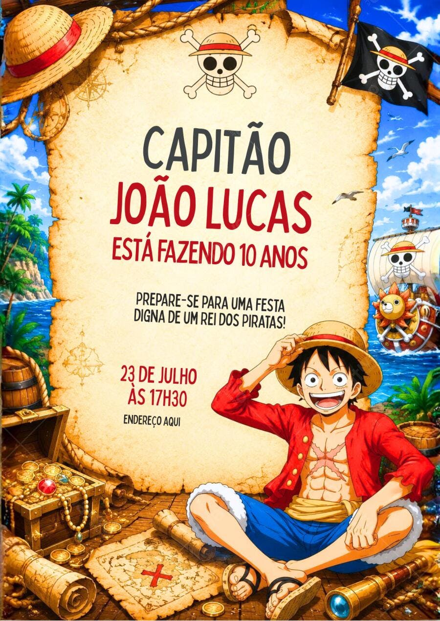 Convite Aniversário One Piece Luffy 10 Anos Editável