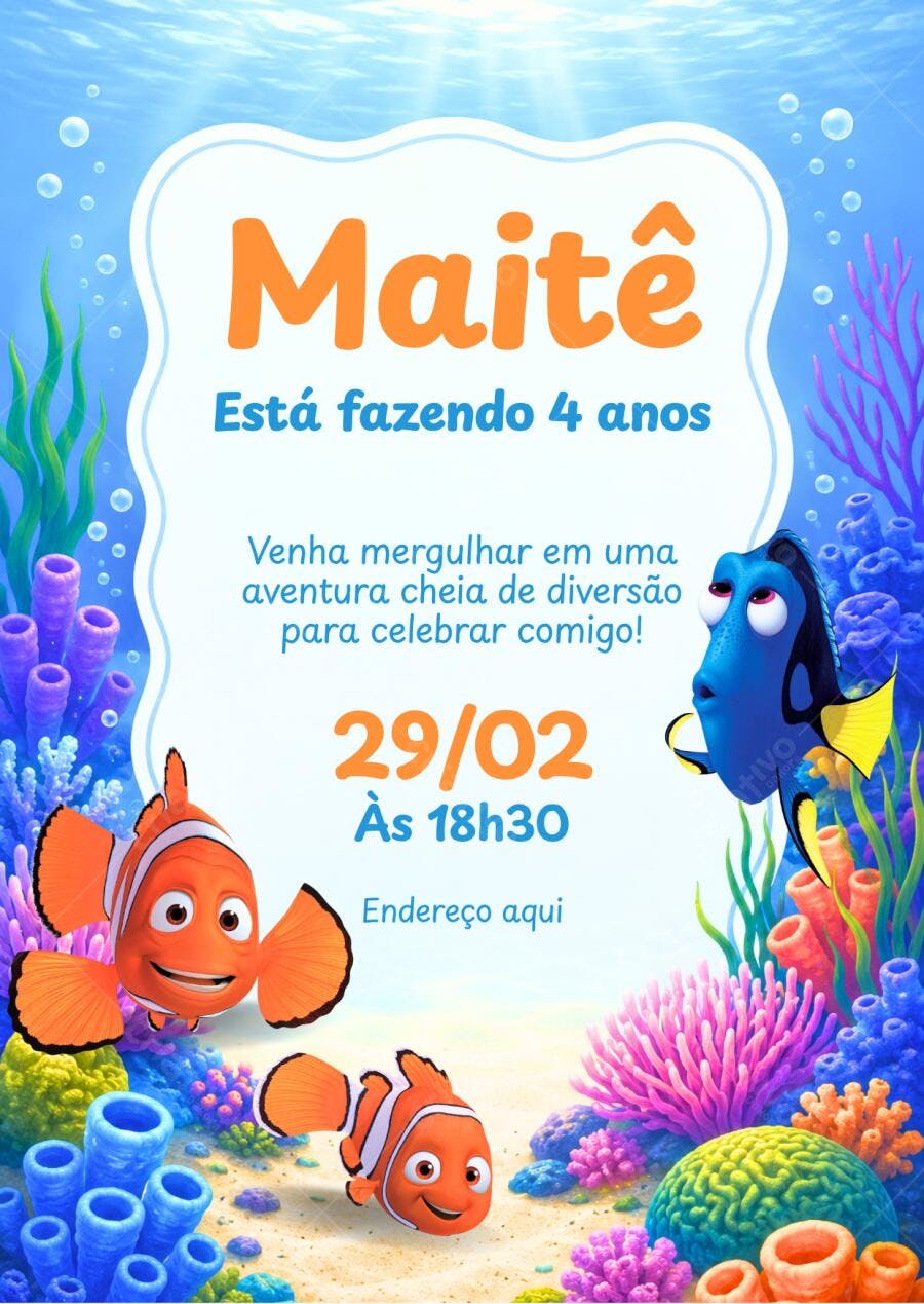 Convite Aniversário Procurando Nemo Dory 4 Anos Editável