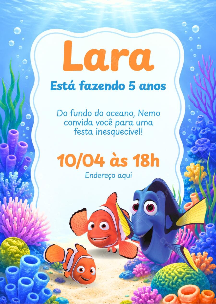 Convite Aniversário Procurando Nemo Dory 5 Anos Editável