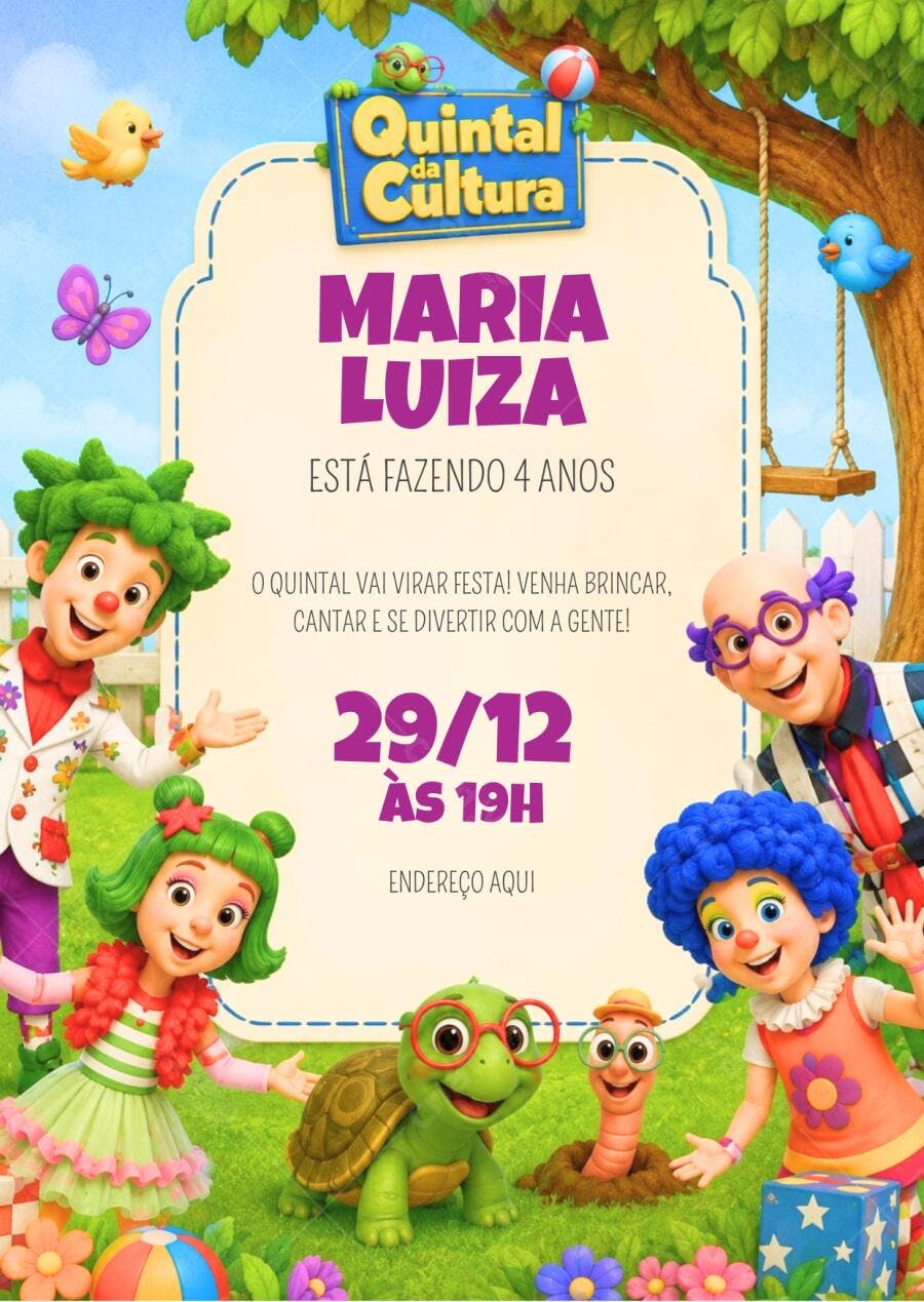 Convite Aniversário Quintal da Cultura 4 Anos Editável