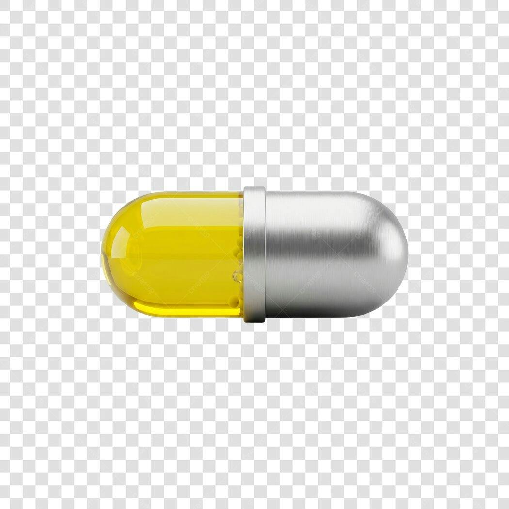 Elemento 3D Cápsula Remédio Amarela Prata PNG Fundo Transparente