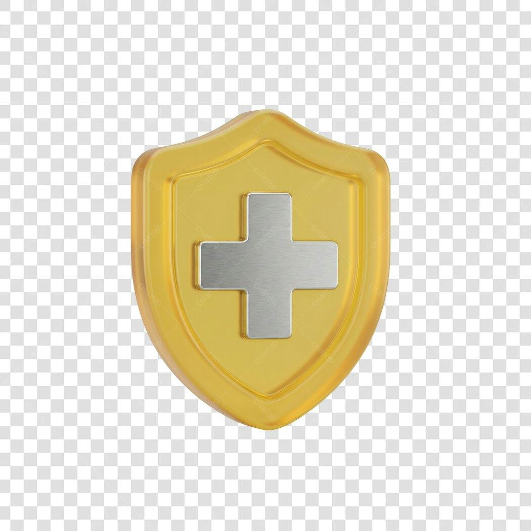Elemento 3D Escudo Médico Dourado Prata PNG Fundo Transparente