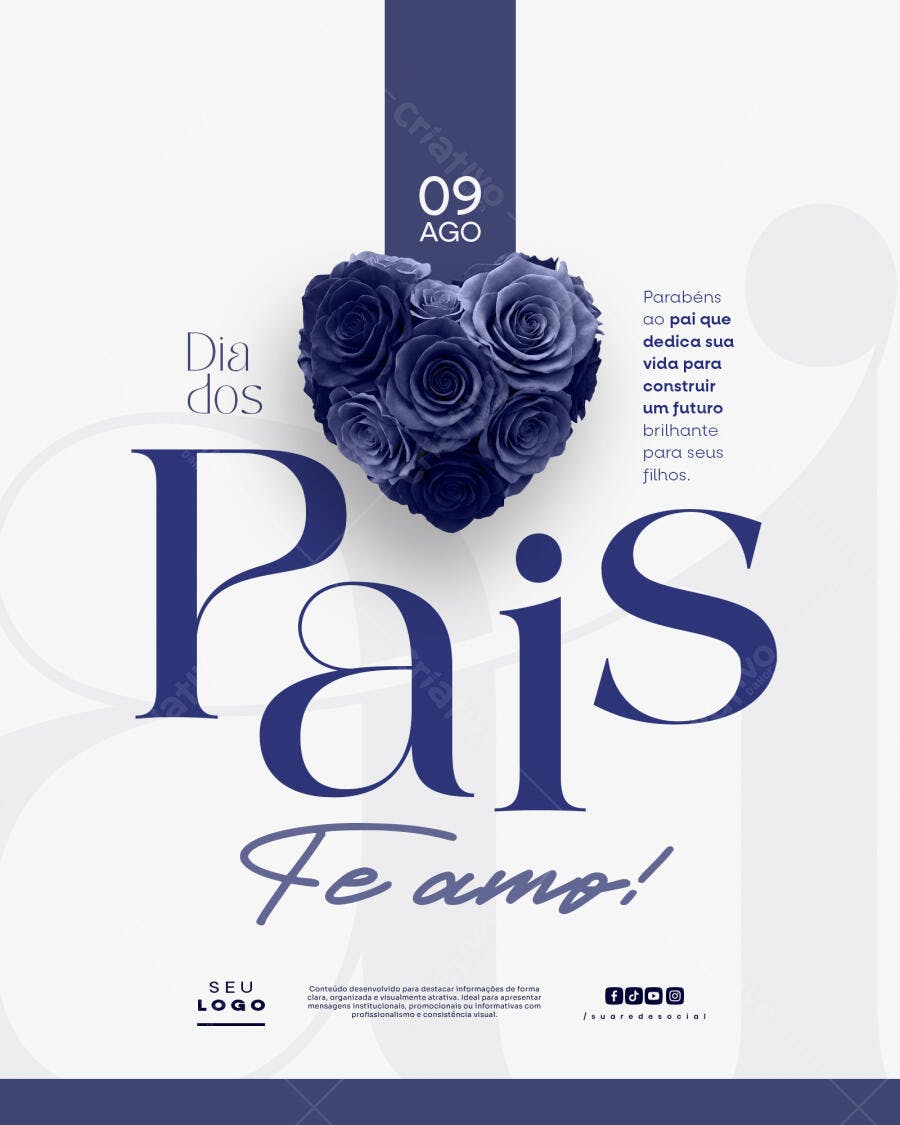 Flyer Dia dos Pais Agosto Corações Rosas Azuis PSD Editável