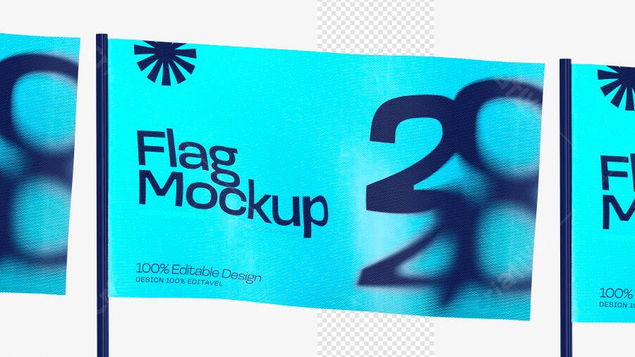 Mockup Bandeira Azul Turquesa Haste Lateral Editável