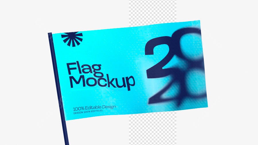 Mockup Bandeira Retangular Haste Lateral Fundo Branco Editável