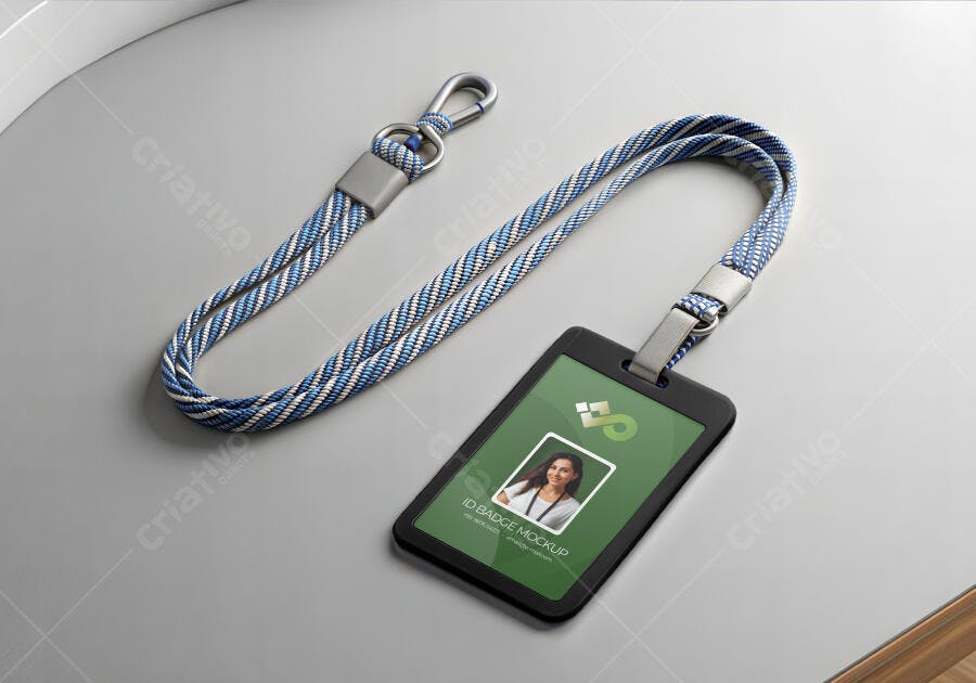 Mockup Crachá ID Cordão Fundo Cinza Editável