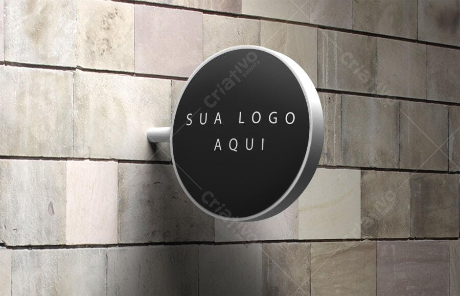 Mockup Placa Redonda Fachada Loja Parede Pedra Editável
