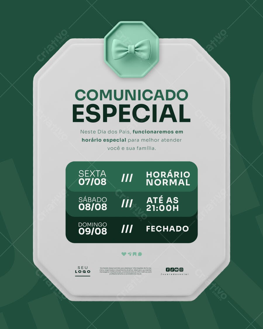 Post Dia dos Pais Horário Especial Agosto PSD Editável