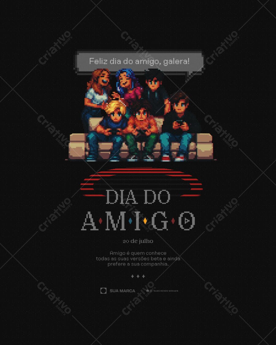 Post Instagram Dia do Amigo 20 de Julho Pixel Art PSD Editável