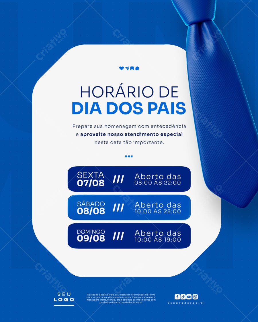 Post Instagram Dia dos Pais Horário Especial PSD Editável