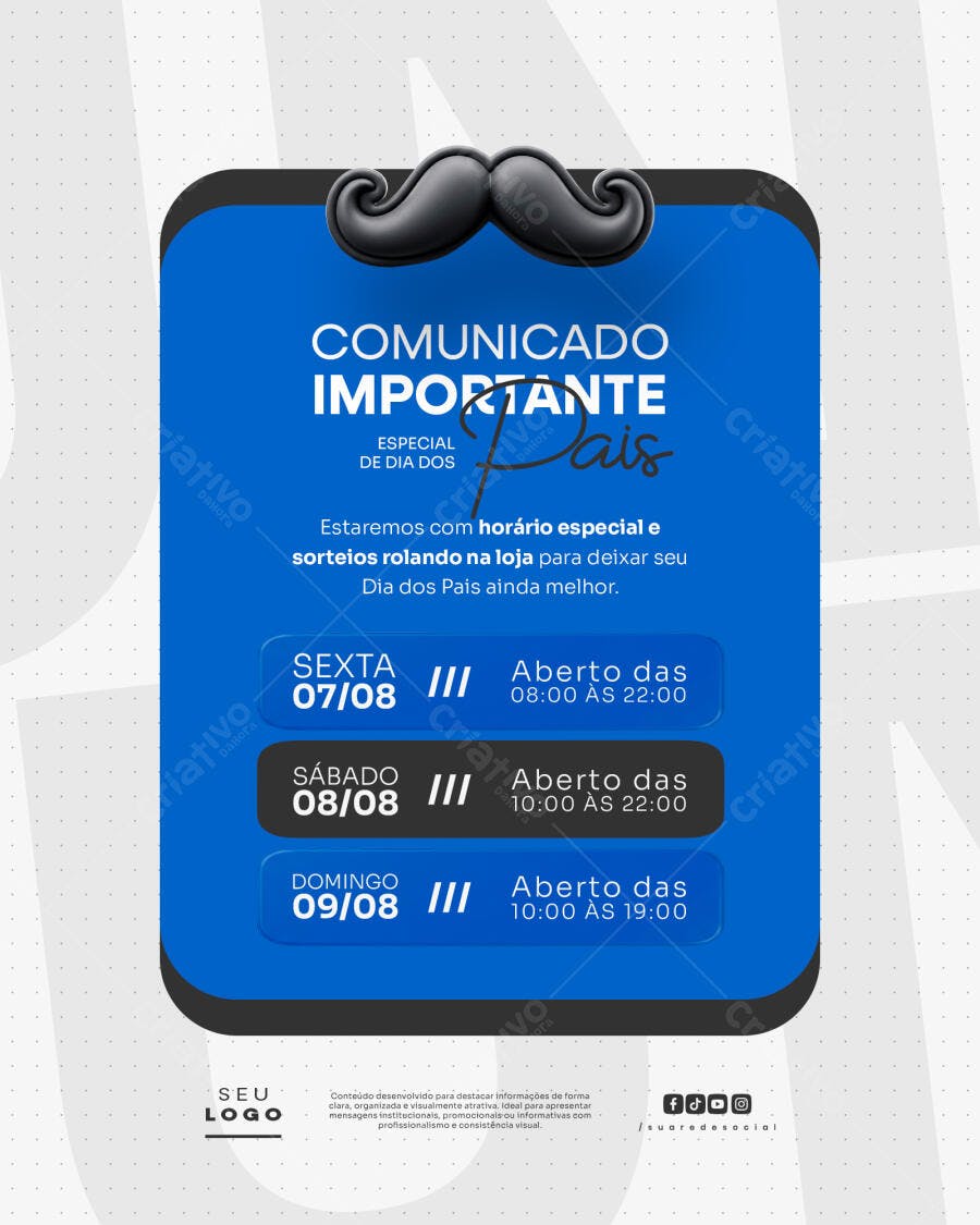 Post Instagram Dia dos Pais Horário Especial PSD Editável