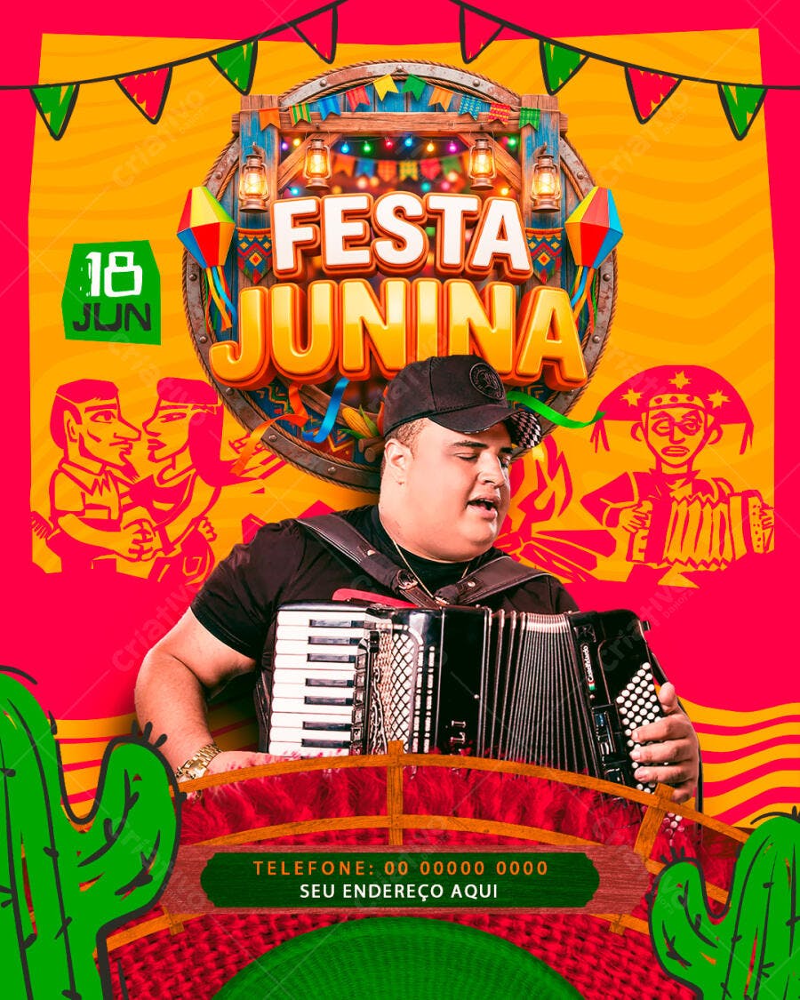 Post Instagram Festa Junina Arraial Sanfona PSD Editável
