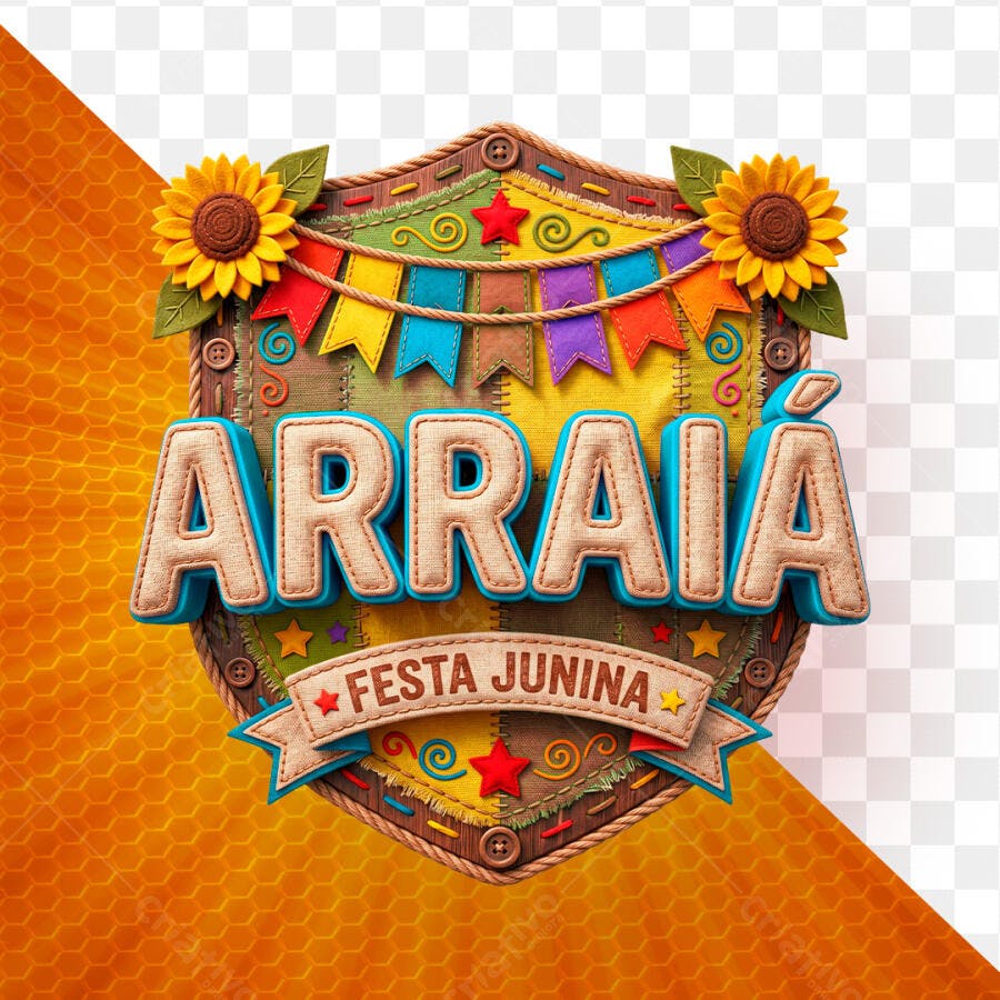 Selo 3D Arraiá Festa Junina Estilo Patchwork PNG Transparente